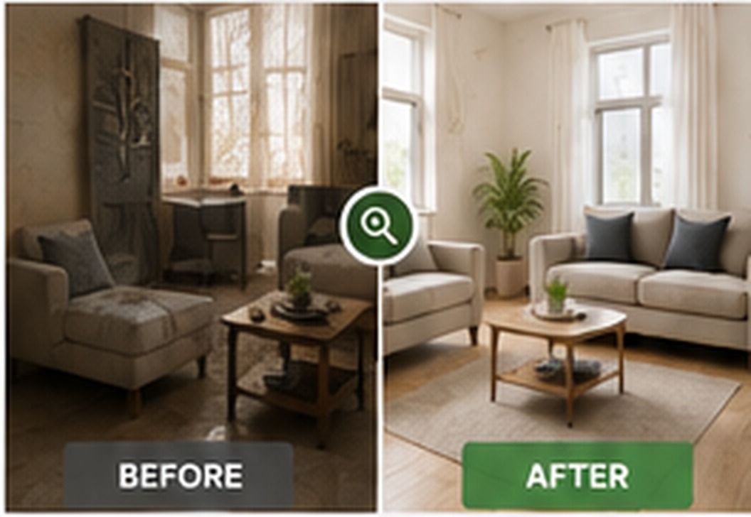 Realistic living room before and after cleaning example